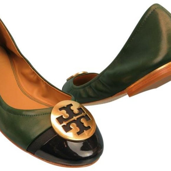 Tory Burch Shoes - Tory Burch Minnie Patent Cap-Toe Ballet Flat Pine Tree Perfect Navy Green 10.5